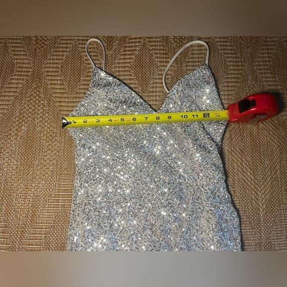 Crystal Sky Women's Silver Sequin Sparkle Spaghetti Strap V Neck Dress,Size M - Picture 9 of 12